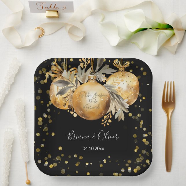 Gold Black Christmas Wedding Paper Plates (Wedding)