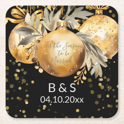 Gold Black Christmas Wedding Square Paper Coaster
