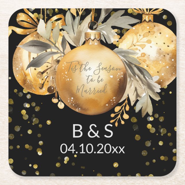 Gold Black Christmas Wedding Square Paper Coaster (Front)