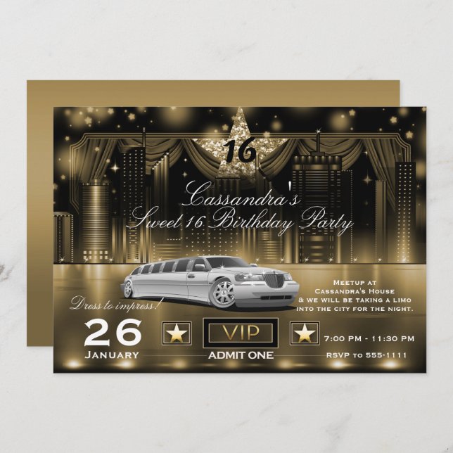 Gold Black City Night Lights Limo Birthday Party Invitation (Front/Back)