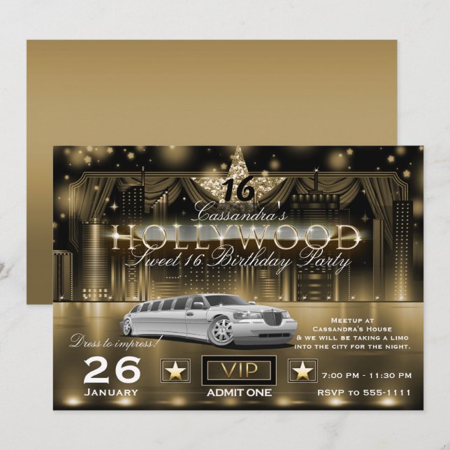 Gold Black City Night Lights Limo Hollywood Party Invitation (Front/Back)