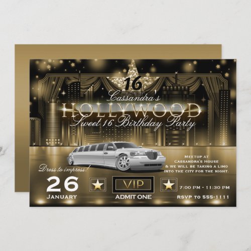 Gold Black City Night Lights Limo Hollywood Party Invitation