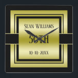 Gold & Black Class Men's 50th Birthday Square Wall Clock<br><div class="desc">Classy and stylish Gold and black men's birthday clock. All text, font and text color is fully customizable to meet your requirements, if you would like help to customize your product or would like matching products, please contact me through my store and i will be very happy to help you....</div>