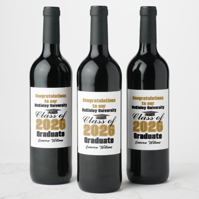 Gold Black Class of 2026 Graduation Party Custom Wine Label (Bottles)