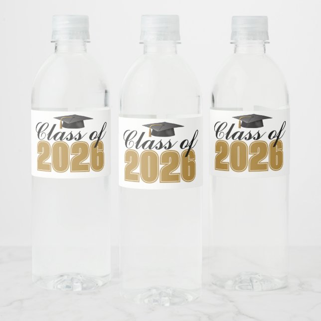 Gold Black Class of 2026 Graduation Party Water Bottle Label (Bottles)