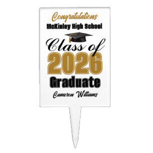 Gold Black Class of 2026 Photo Graduation Party Cake Topper
