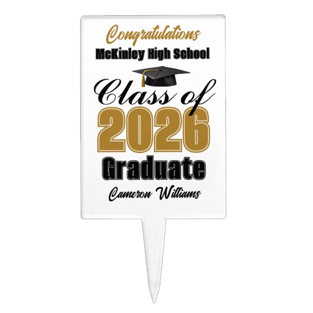 Gold Black Class of 2026 Photo Graduation Party Cake Topper (Front)