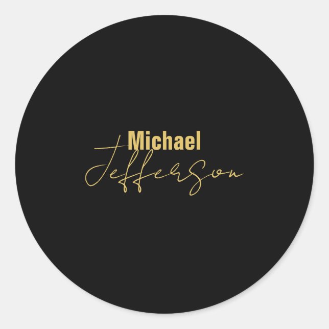 Gold black color elegant modern minimalist name classic round sticker (Front)