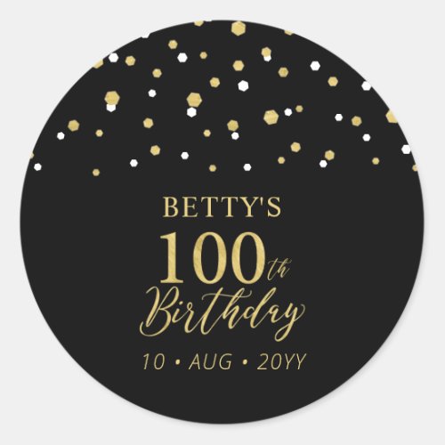 Gold  Black Confetti 100th Birthday Party Favor Classic Round Sticker