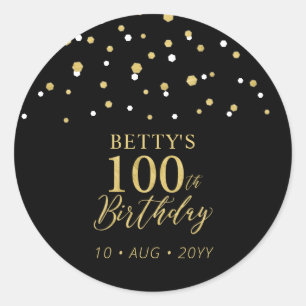 Gold & Black Confetti 100th Birthday Party Favor Classic Round Sticker