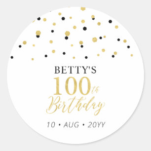 Gold & Black Confetti 100th Birthday Party Favor Classic Round Sticker