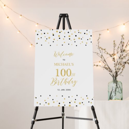 Gold  Black Confetti 100th Birthday Party Welcome Foam Board