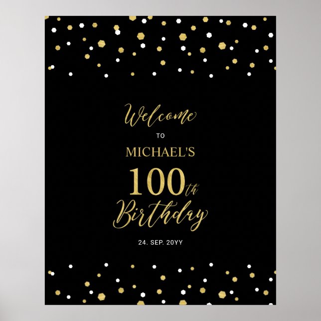 Gold & Black Confetti 100th Birthday Party Welcome Poster (Front)