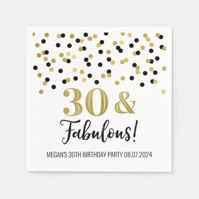 Gold Black Confetti 30 & Fabulous Birthday Napkins (Front)