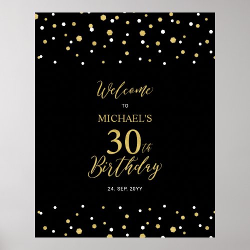Gold  Black Confetti 30th Birthday Party Welcome Poster