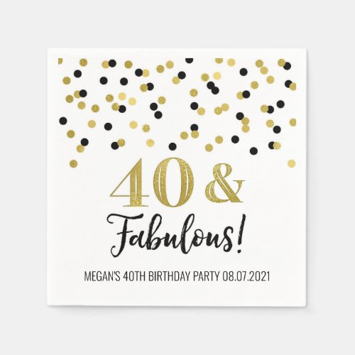 Gold Black Confetti 40  Fabulous Birthday Napkins