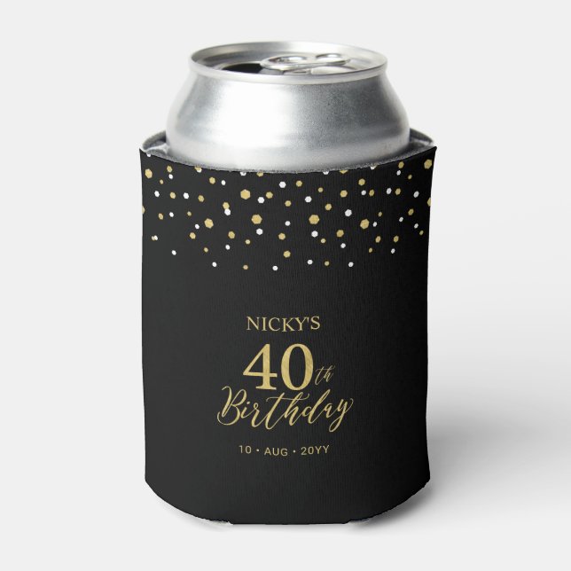 Gold & Black Confetti 40th Birthday Party Favor Can Cooler (Can Front)