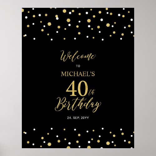 Gold  Black Confetti 40th Birthday Party Welcome Poster