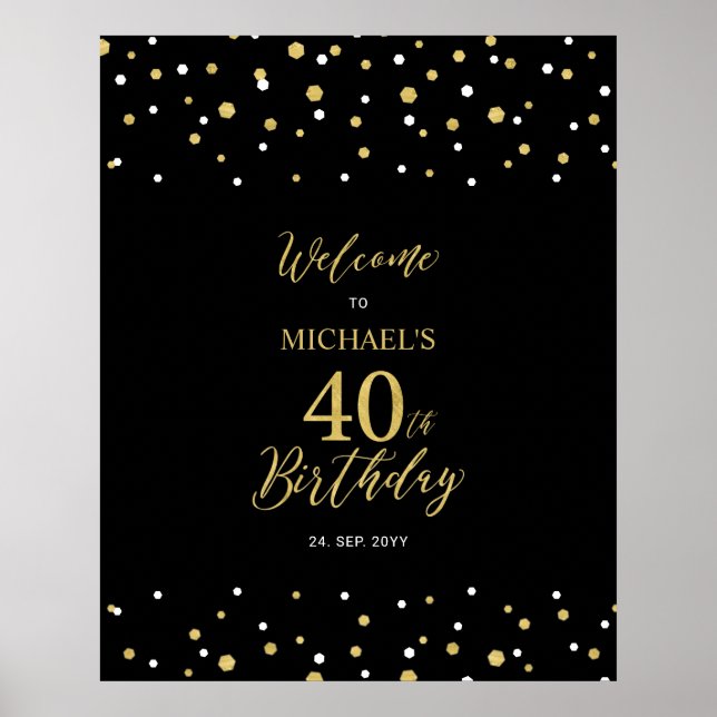 Gold & Black Confetti 40th Birthday Party Welcome Poster (Front)