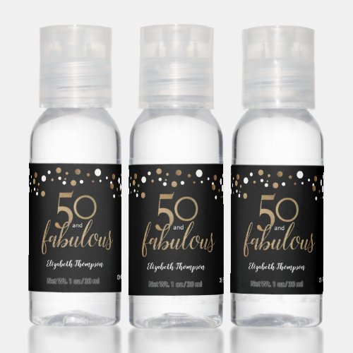 Gold black confetti 50 and Fabulous Birthday Hand Sanitizer