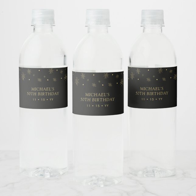 Gold & Black Confetti 50th Adult Birthday Party Water Bottle Label (Bottles)