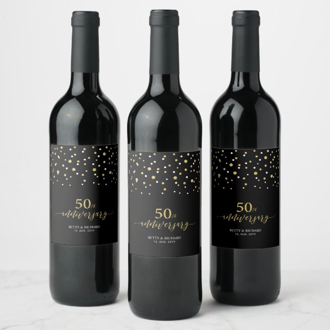 Gold & Black Confetti 50th Anniversary Favor Wine Label (Bottles)