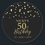 Gold & Black Confetti 50th Birthday Party Favor Classic Round Sticker<br><div class="desc">This simple gold & black sticker will add stylish detail to your special day. This design features modern gold script "50th Birthday",  hexagon confetti with custom text. Matching birthday invitations and party supplies are available in my shop BaraBomDesign.</div>