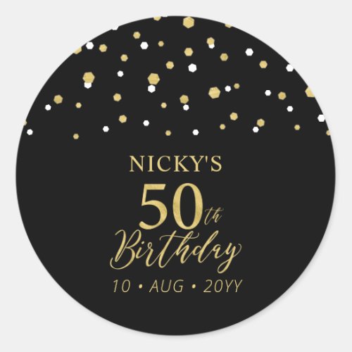 Gold  Black Confetti 50th Birthday Party Favor Classic Round Sticker