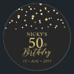 Gold & Black Confetti 50th Birthday Party Favor Classic Round Sticker<br><div class="desc">This simple gold & black sticker will add stylish detail to your special day. This design features modern gold script "50th Birthday",  hexagon confetti with custom text. Matching birthday invitations and party supplies are available in my shop BaraBomDesign.</div>