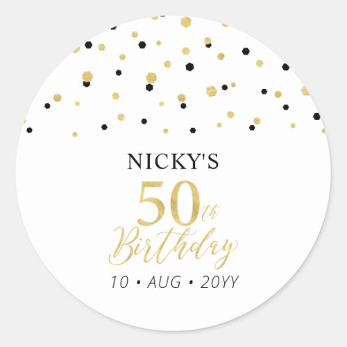 Gold  Black Confetti 50th Birthday Party Favor Classic Round Sticker