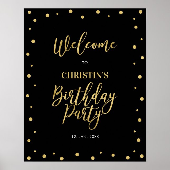 Gold & Black Confetti 50th Birthday Party Welcome Poster (Front)
