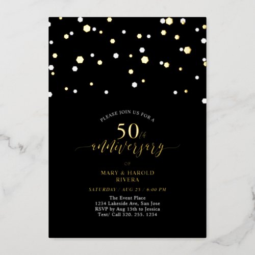 Gold  Black Confetti 50th Wedding Anniversary Foil Invitation