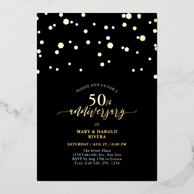 Gold & Black Confetti 50th Wedding Anniversary Foil Invitation (Front)