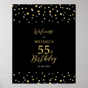 Gold & Black Confetti 55th Birthday Party Welcome Poster
