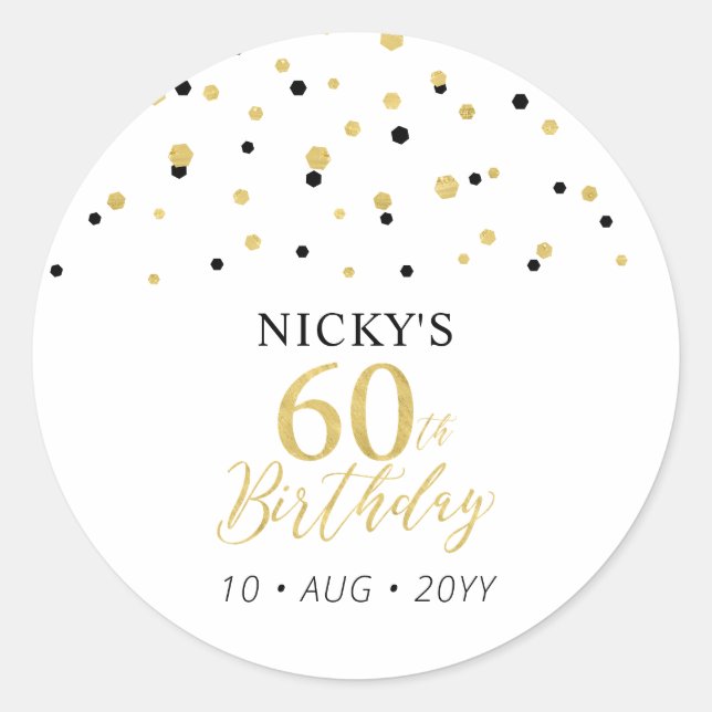 Gold & Black Confetti 60th Birthday Party Favor Classic Round Sticker (Front)