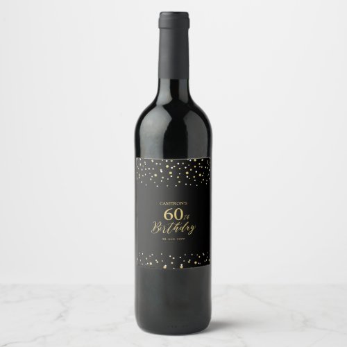 Gold  Black Confetti 60th Birthday Party Wine Label