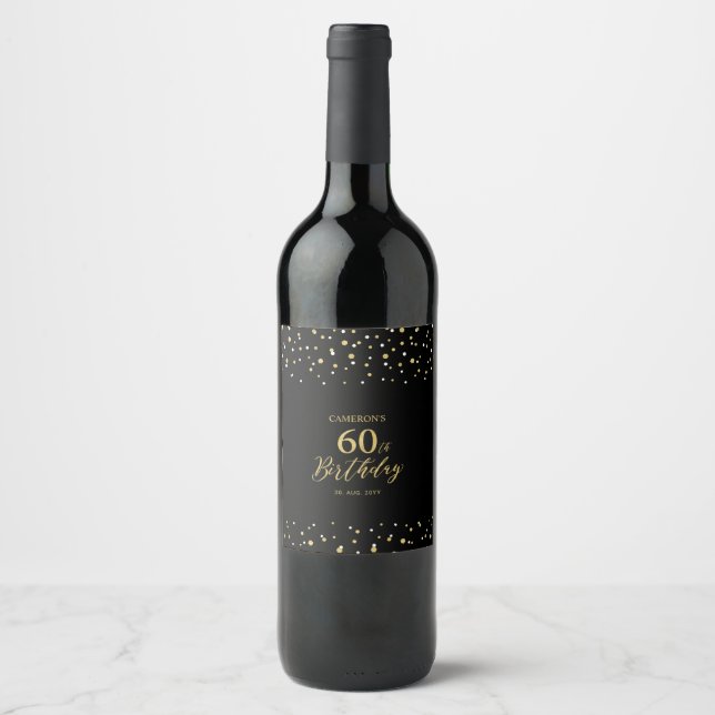 Gold & Black Confetti 60th Birthday Party Wine Label (Front)