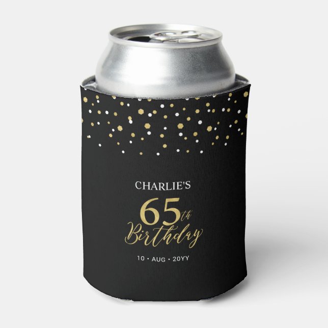 Gold & Black Confetti 65th Birthday Party Favor Can Cooler (Can Front)