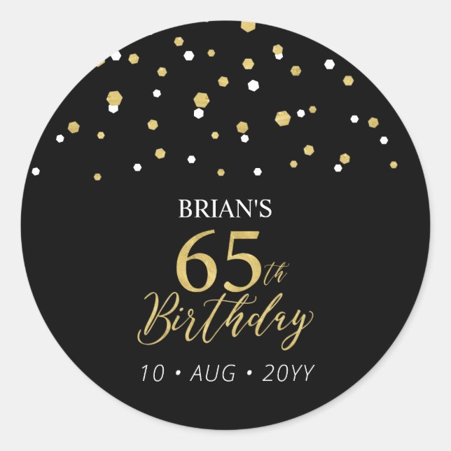 Gold & Black Confetti 65th Birthday Party Favor Classic Round Sticker (Front)