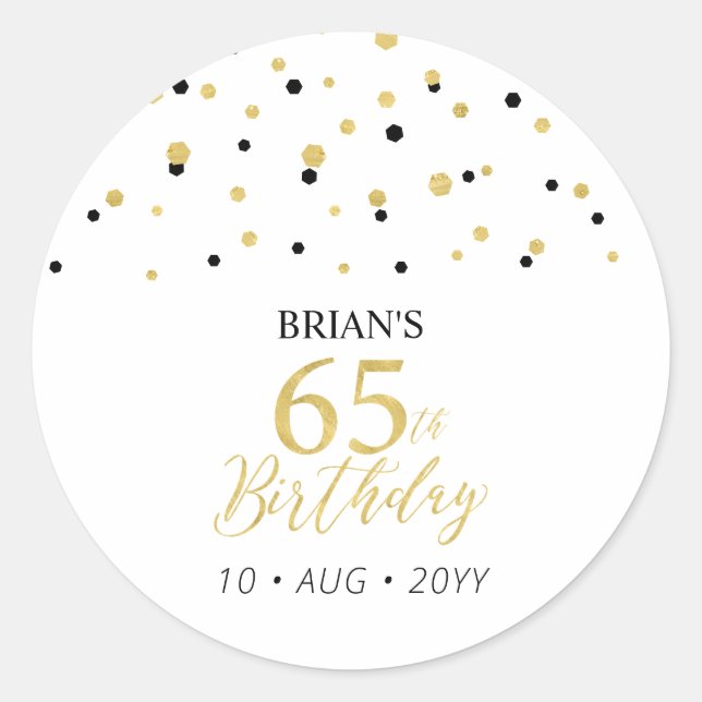 Gold & Black Confetti 65th Birthday Party Favor Classic Round Sticker (Front)