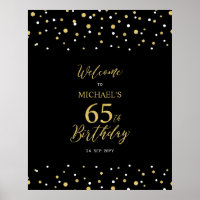 Gold & Black Confetti 65th Birthday Party Welcome