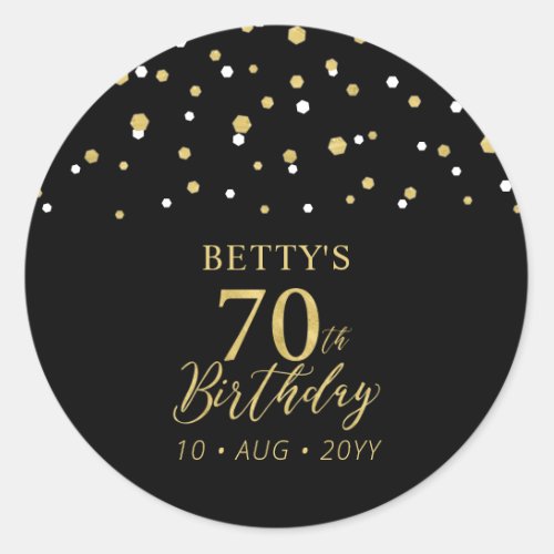 Gold  Black Confetti 70th Birthday Party Favor Classic Round Sticker