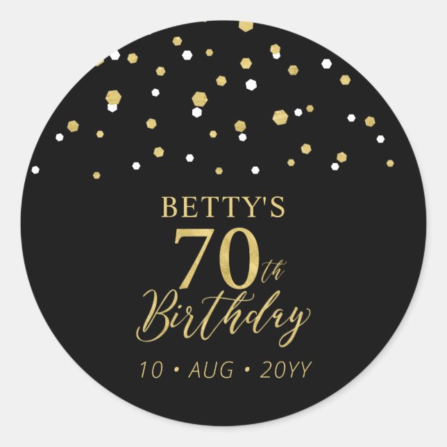 Gold & Black Confetti 70th Birthday Party Favor Classic Round Sticker (Front)