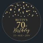 Gold & Black Confetti 70th Birthday Party Favor Classic Round Sticker<br><div class="desc">This simple gold & black sticker will add stylish detail to your special day. This design features modern gold script "70th Birthday",  hexagon confetti with custom text. Matching birthday invitations and party supplies are available in my shop BaraBomDesign.</div>