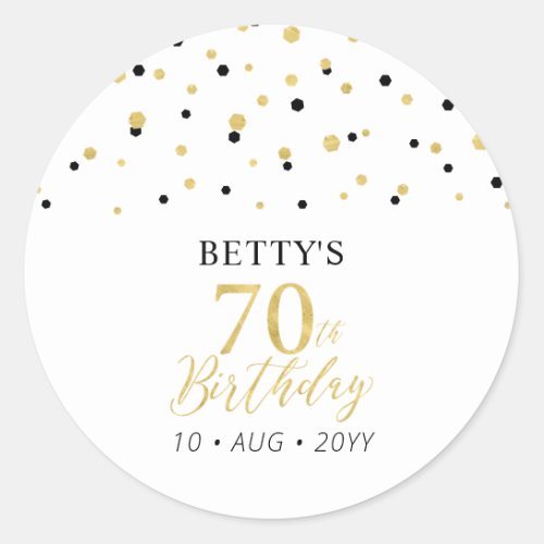 Gold  Black Confetti 70th Birthday Party Favor Classic Round Sticker