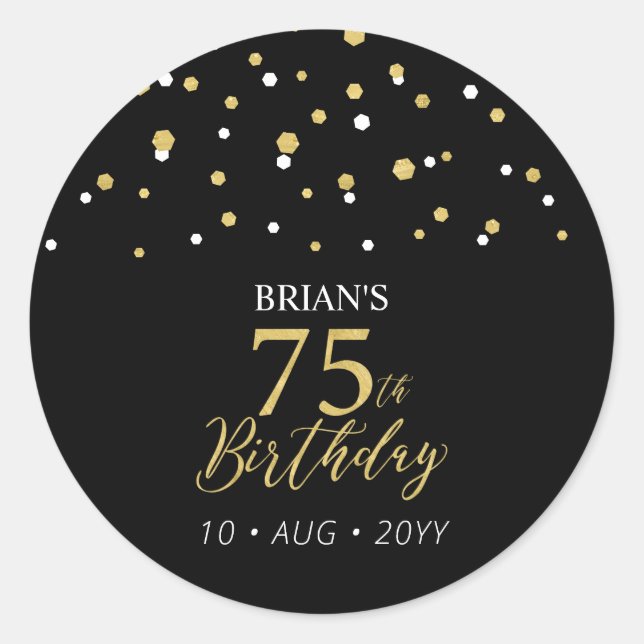 Gold & Black Confetti 75th Birthday Party Favor Classic Round Sticker (Front)
