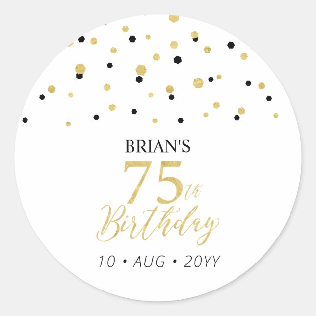 Gold & Black Confetti 75th Birthday Party Favor Classic Round Sticker (Front)
