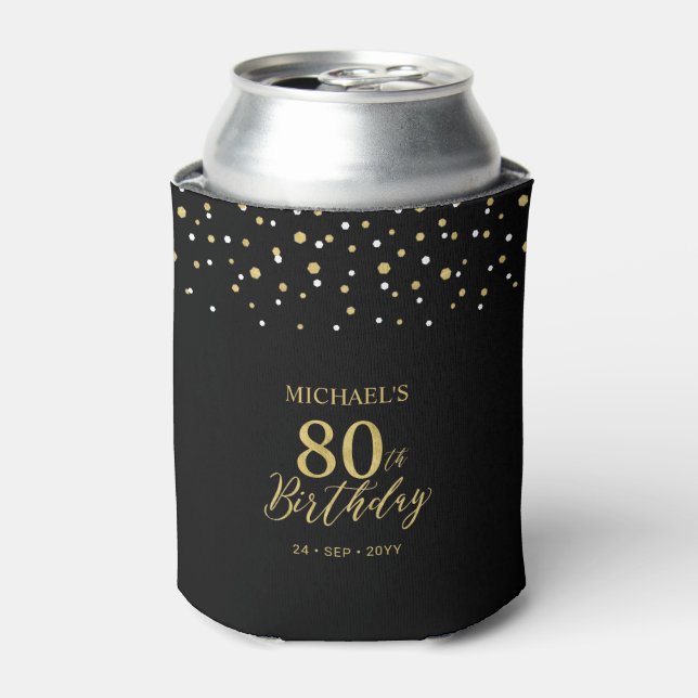 Gold & Black Confetti 80th Birthday Party Favor Can Cooler (Can Front)