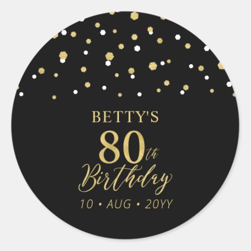 Gold  Black Confetti 80th Birthday Party Favor Classic Round Sticker