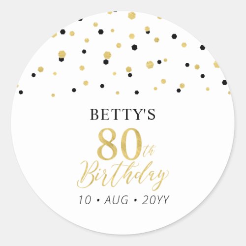 Gold  Black Confetti 80th Birthday Party Favor Classic Round Sticker